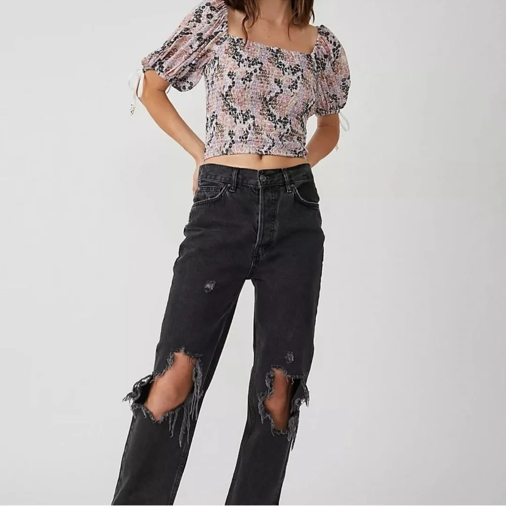Free People Floral Smocked Puff Sleeve Top NWT